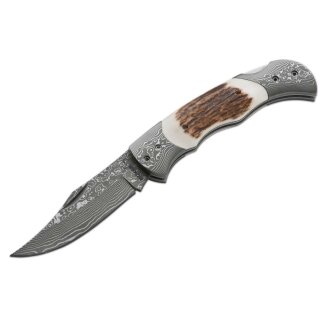 Taschenmesser ZH B&ouml;ker Plus Damascus Stag 78mm Damast Backlock